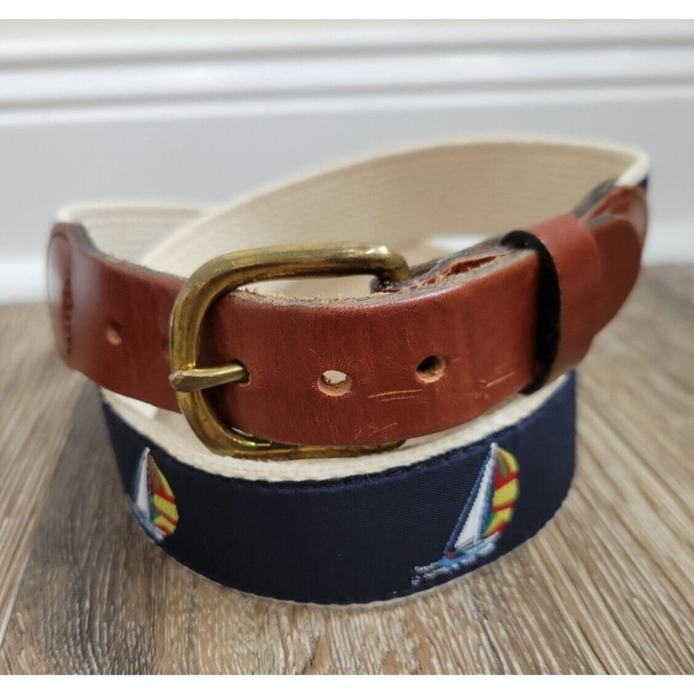 Leather Man LTD. Mens 30" Navy Sailboat Beige Fabric Surcingle Belt Brass Buckle
